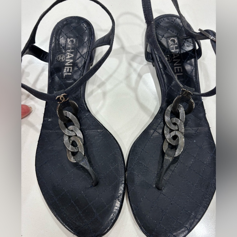 Chanel Navy/Black Ankle Strap Sandals Interlocking Brushed Metallic Hardware